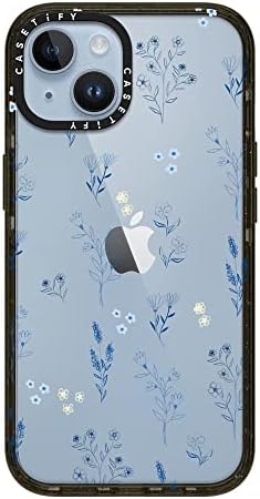 Casetify Impact iPhone 14 Caso [4x Grade Military Drop Tested / 8,2 pés de proteção contra queda] - Pequenas flores azuis - preto brilhante