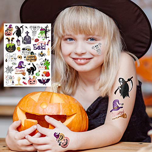 Konsait 68pcs Halloween Tattoos para crianças, decorações felizes de Halloween, esqueletos, fantasmas, abóboras, tatuagens temporárias de face de teia de aranha, festas de shalloween a favor dos suprimentos, saco de festas de festas