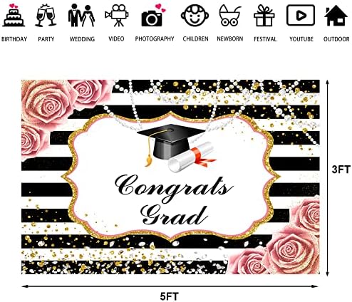 Lofaris Classe de 2021 Festa Floral Faculdade Black White Stripes Pérolas Capas de ouro Dots Parabéns Celebrações de fundo de graduação