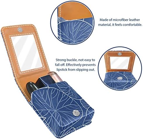 Bolsa de batom de batom de maquiagem de oryuekan com espelho portátil de armazenamento de armazenamento portátil portátil Organizador de armazenamento de brilho labial, lotus folha vintage artística azul marinho