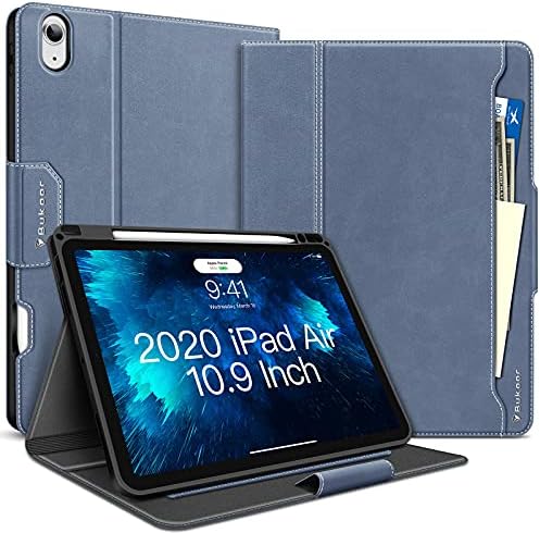 iPad Air 5th Generation Caso 2022, iPad Air 4 Caso 2020 com porta de lápis embutida, iPad Air 4th Gen PU couro de couro com bolso, vários ângulos de visualização, caixa de proteção azul