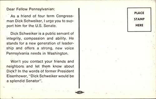 Congressista Dick Schweiker Política Pensilvânia PA original Vintage Post cartão