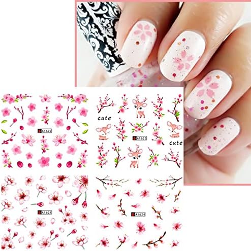 Adesivos sakura unhas adesivos de flor rosa sugestões de unhas, árvore de flores de cerejeira com folhas Decalques de unhas de transferência de água para pregos de acrílico Design de moda para meninas
