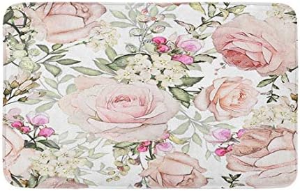 Padrão de tapete de banho de Adowyee com flores rosa e folhas em aquarela branca padrão floral floral flor aconchegante banheiro banheiro banheiro com backing não deslizante 16 x 24