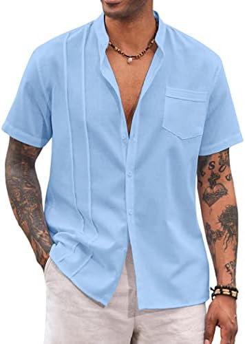 Coofandy Men Men Cuba Guayabera Camisa de manga curta Botão de linho de linho Camisa casual de praia