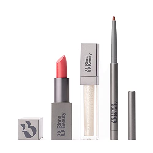 Rinna Beauty Icon Lip Kit- Amelia- kit de lábios all-in-one inclui batom, brilho labial, revestimento labial- visual rosa doce- vegan, duradouro, antienvelhecimento e hidratante, livre de crueldade- 1 cada