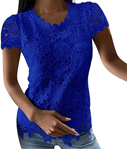 Mulher camiseta de renda feminina Top Crochet Crew pescoço de manga curta Moda de verão Loose Tee Casual Blusa