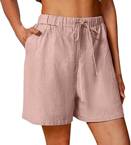 Shorts de largura de linho femininos elásticos de cintura alta coloração sólida praia curta casual fitness shorts com