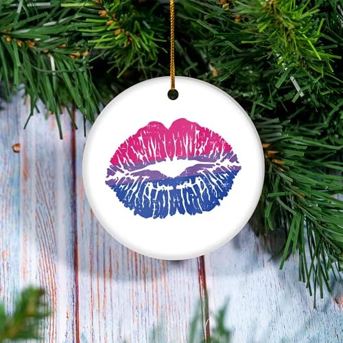 Co -vidchristmas ornament - orgulho bissexual lábios beijo retro bandeira bis bissexualidade lgbt ornament - ornamento de cerâmica, ornamento de férias natal - ornamento personalizado, árvore de Natal pendurada