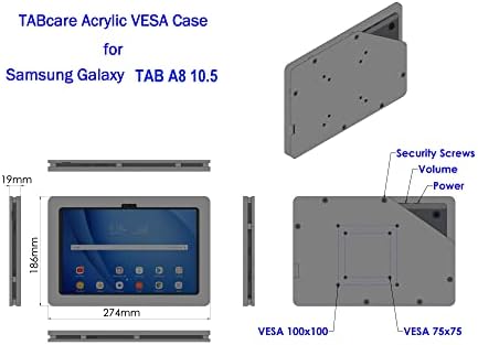 Tabcare Anti-roubo acrílico VESA Gabinete para Galaxy Tab A8 10.5 Com kit de montagem de parede livre e cabo de carga USB C de 90 graus