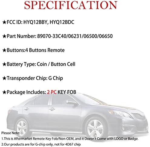 Chave do carro FOB Substituição remota Fits para Toyota 2010 2011 Camry Keyless Control Remote Control Remoto HyQ12BBY HYQ12BDC G CHIP 89070-33C40, 89070-06231, 89070-06500, 89070-06650