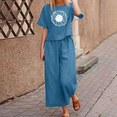 Roupas de verão para mulheres casuais linho de algodão largura de pernas largas e camisetas conjuntos de manga curta