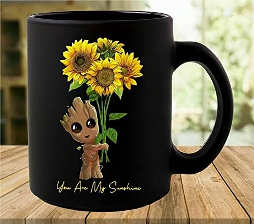 Baby Groot abraço genérico Gunflower You Are My Sunshine Coffee caneca, caneca engraçada, amigo do presente, preto