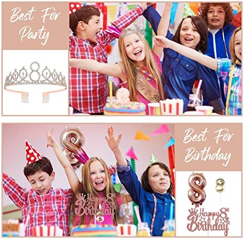 Decorações doces de 8 anos para ela - 5pcs Presentes, incluindo 8ª coroa de tiara, faixa, toppers de bolo, balões, velas de aniversário, doces de 8º aniversário para meninas