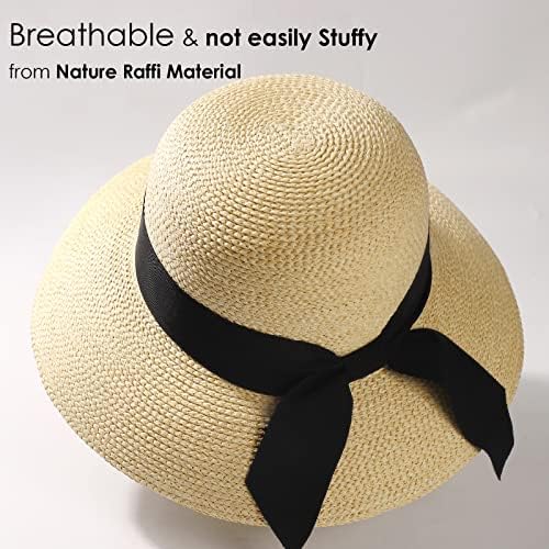 Womens Beach Sol Straw Hat Brim UPF 50 Chapéu de verão Roll Roll Up Travel Sun Hat Hat