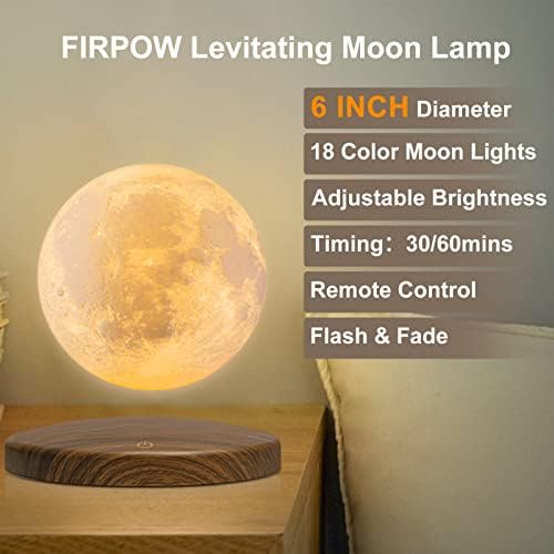 Firpow Levitating Moon Lamp, 18 cores 6 em lâmpada de lua flutuante, impressão LED 3D Girando a luz da lua magnética girando livremente com remoto, luz noturna, escritório de decoração de quarto, presente de natal