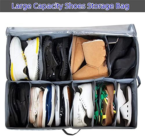 Sapatos de armazenamento subordinados Sukousram Bolsa de tênis de tecidos de armazenamento sob a cama Sapatos Organizer Zipper Janela e alças 10 Compartimentos 2 pacote de cinza escuro