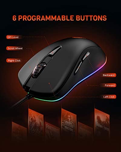 Dareu Wired Gaming Mouse, 6400dpi, 6 botões programáveis, mouse ergonômico de jogos RGB com 16,8 milhões de chroma