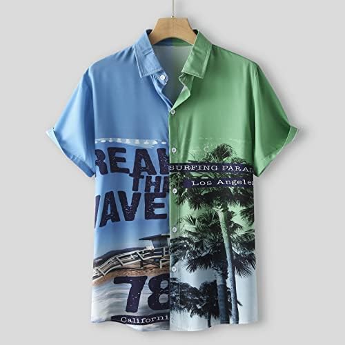 XXBR Mens Casual Button Down Camisetas de verão Manga curta Camisa da praia Hawaiian Block Color Block Patchwork Graphic