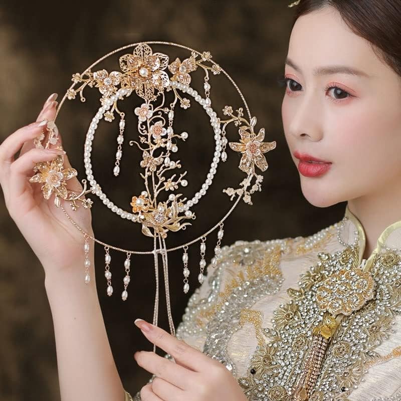 Jkuywx chinês Bridal Hand Bouquet Tipo de Fã Artificial Flor Golden Hollo Hollow Round Fan Wedding Jewelry Acessórios