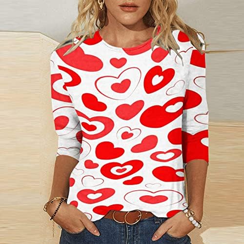 Camisas Namoradas impressas no coração para mulheres 3/4 manga Camiseta de tripulante Blusa Slim Fit Blouse Top Casual
