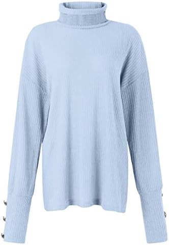 Suéteres de inverno feminino Turtleneck Top Pullover solto botão para cima de manga comprida Camisa de fundo de malha