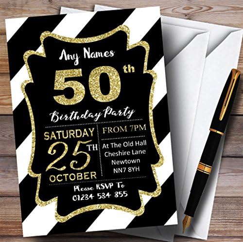 Listras diagonais brancas pretas Gold 50º convites de festa de aniversário personalizados