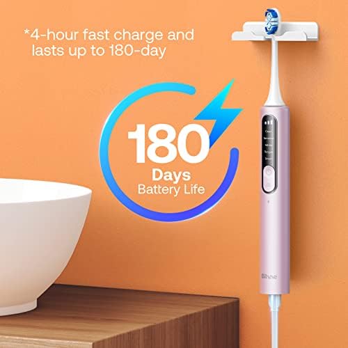 Bitvae Smart S3 Sonic Electric dentes para adultos, uma escova de dentes elétrica recarregável de 180 dias com sensor de pressão, escova de dentes elétrica com 4 cabeças de escova, caixa de viagem, rosa