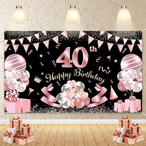 Banner de decoração de festa de 40 anos, decoração de festa de 40 anos decoração de ouro rosa e banner de porta pano de fundo, decorações de parede ao ar livre interno （185 x 110cm）