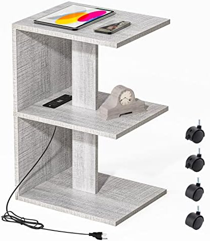 Fromjbest NightStand com estação de carregamento, mesa lateral de extremidade estreita com portas e saídas USB para pequenos espaços, 3 camadas de mesa de cabeceira mesas de cabeceira com polias para a sala de estar, quarto