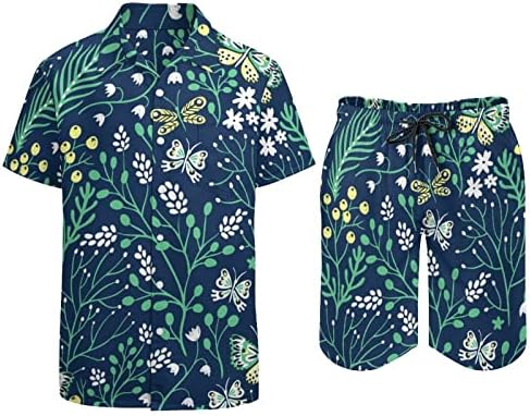 Herbas de verão e borboletas roupas de 2 peças masculinas para a praia Button Hawaiian Button Abaixo a manga curta