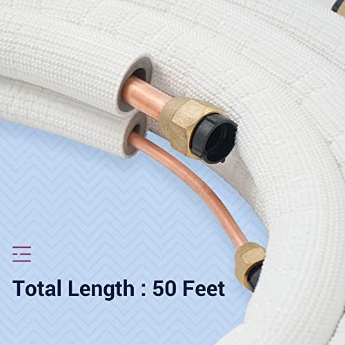Della 50 pés mini -split line Conjunto, 1/4 e 1/2 O.D. Tubulação de tubos de cobre e 3/8 bobina branca espessada de PE com nozes alargadas para mini ar condicionado ou sistema de bomba de calor