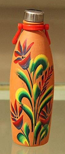 Odishabazaar feito à mão pintada de argila terracota/argila garrafa de água não vulcorada de 1000 ml de saúde