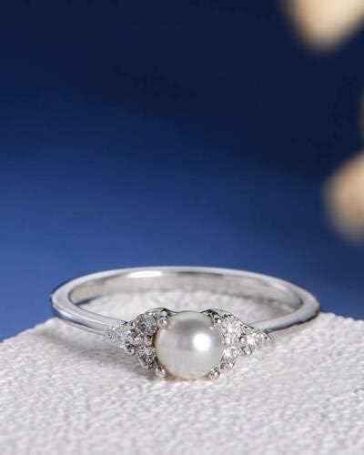 Mulheres vintage Pérola branca 925 Proposta de noivado de casamento de prata Tamanho do anel 6-10