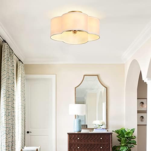 Oflnll Gold 4-Light semi-semi-montagem Luz de teto, tecido branco perto de luminárias de teto, lâmpada de teto de tambor de trevo para quarto, corredor, cozinha, corredor, sala de lanchonete, berçário