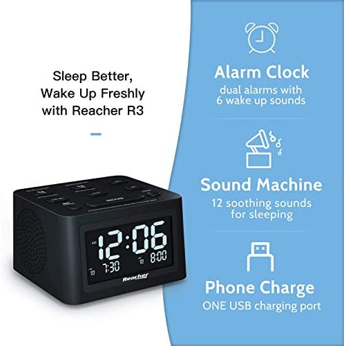 Reacher R3 Dual Alarm Clock e Máquina de ruído branco com volume ajustável, 6 sons de despertar, 12 sons suaves para dormir, timer