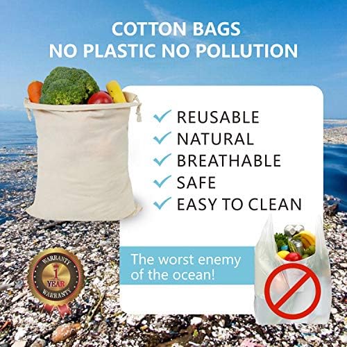 TopDesign 6-Pack 14 ”x 17” Reutiliza sacolas, sacolas de musselina com cordões para compras e armazenamento, sacos de algodão naturais, laváveis, biodegradáveis, cofre
