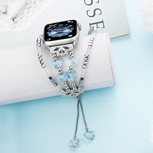 Tomazon Breaded Bracelet Compatível para Apple Watch Band 44mm 45mm 49mm 42mm, bandas finas finas finas femininas, pulseiras de borboleta de cristal bling para série iwatch 8/7/se/6/6/5/4/3/3/1/ultra, prata, prata
