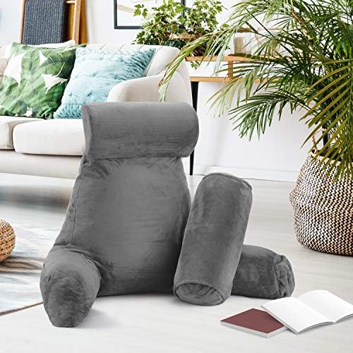 CLARA CLARK LEITURA PROFULHO, travesseiro de descanso para trás para sentar na cama com braços para crianças e adultos - TV de espuma de memória ralada premium Sit up Pillow - grande, cinza