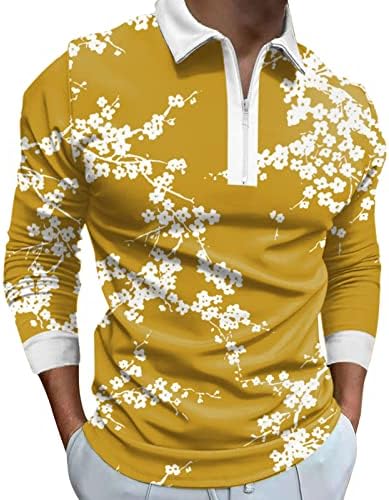 Wocachi Men 1/4 Zip Up Polo Camisetas, outono Winter Sleeve Street Long Street Vintage Floral Print Golf Tops Casual Muscle