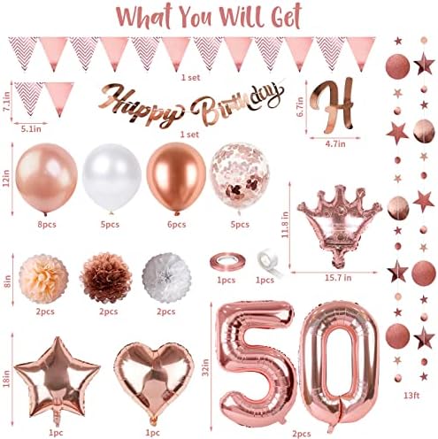 Decoração de 50º aniversário para mulheres, Rose Gold Confetti Branco Número 50º Feliz Aniversário Balão Balão Círculo DOT