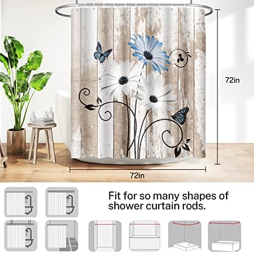 Cortina de chuveiro rústica cortina de chuveiro retrô de madeira branca de madeira branca Butterfly e cortina de chuveiro cinza