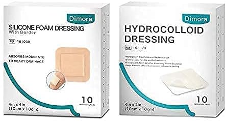 DiMora 4 x4 molho de espuma de silicone com borda 10 pacote + molho hidrocolóide 4 x 4 10 pacote