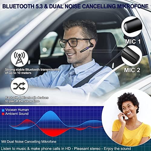 Fone de ouvido Bluetooth com microfone, 48hrs v5.3 fone de ouvido sem fio sem fio para celular/empresa/escritório/motorista/motorista