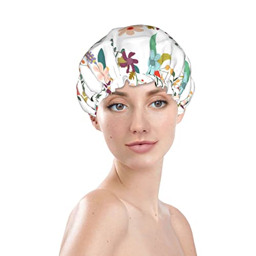 Padrão floral Tampa de chuveiro estampado, chapéu de banho de camadas duplas para mulheres tampas de banho impermeáveis ​​às tampas de banho elásticas de banho reutilizáveis