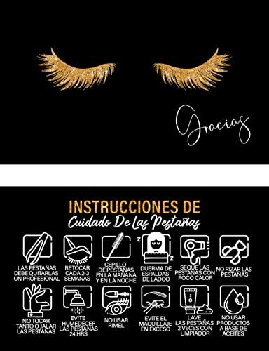 Brawna 50 pacote Cuidado de pestanas Tarjetas Español - Cartões de Aftercare de Extensão de Lash Espanhol com nota de agradecimento, tamanho de 3,5 ”x2” polegadas, preto