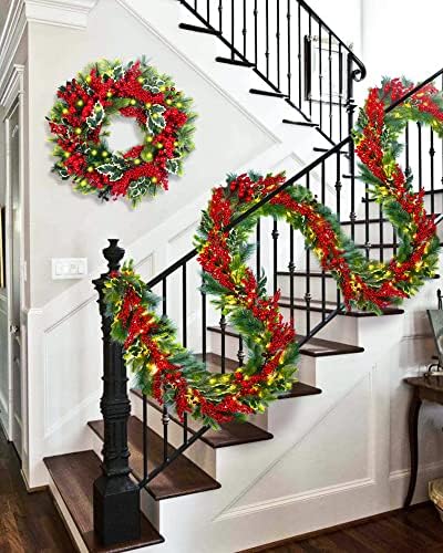 Garland de Natal do DDHS, decorações de Natal artificiais de 9 pés de guirlanda com 60 luzes LED Berry vermelha para lareira do manto, interno, externo e verde pré-iluminado Coleção de Natal