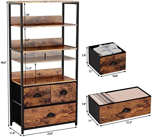 Unidade de prateleira de armazenamento de 4 camadas com 3 gavetas, cômoda alta de 4 gavetas, estante de estante e cômoda de organizador