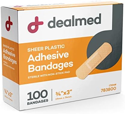 Dealmed Sheer Plástico Bandagens adesivas flexíveis-100 bandagens com blocos antiaderentes, Latex Free, Wound Care for First Soces Kit, 3 x 3/4