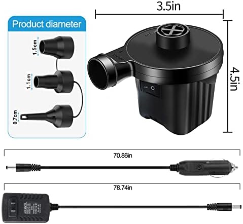 Bomba de ar elétrica para infláveis, bomba de ar de preenchimento rápido portátil com 3 bicos, 110V AC/12V DC, bombas